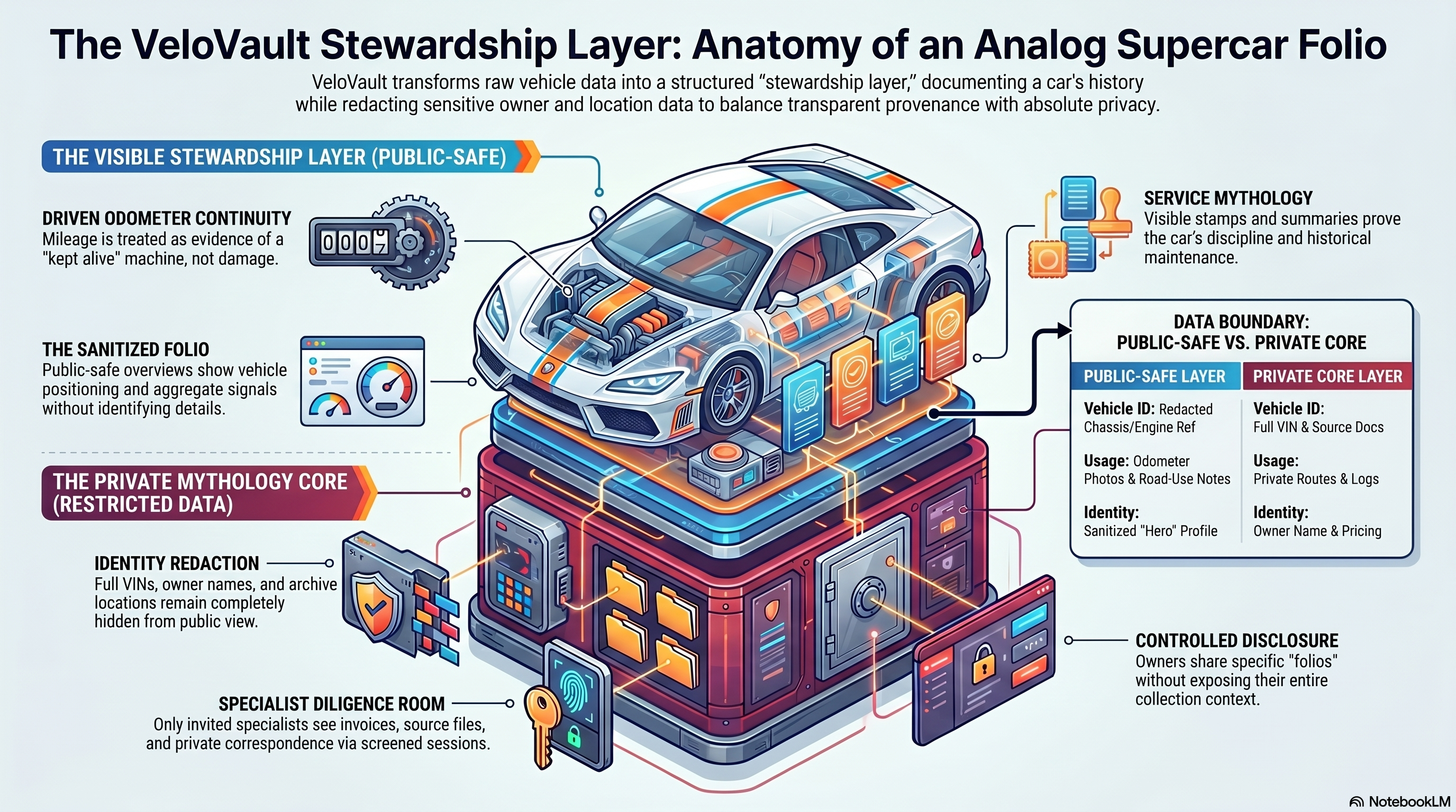 Infographic showing the VeloVault customer stewardship layer, sample-data boundary, and controlled disclosure model for an analog supercar folio.